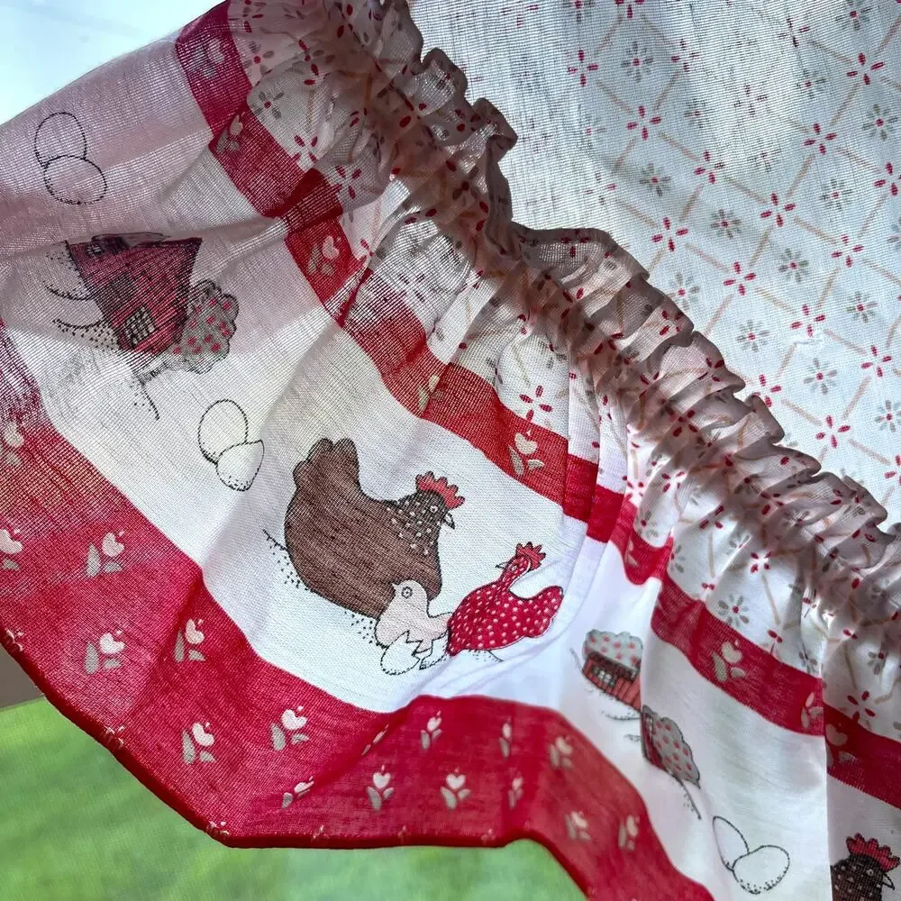 Vintage Chicken Hen Country Kitchen Swag Curtains 2 Panel Set Red White